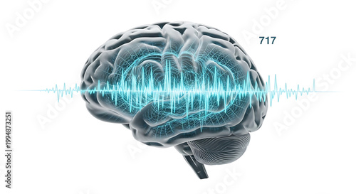 A digital illustration of a human brain with a blue sound wave emanating from it