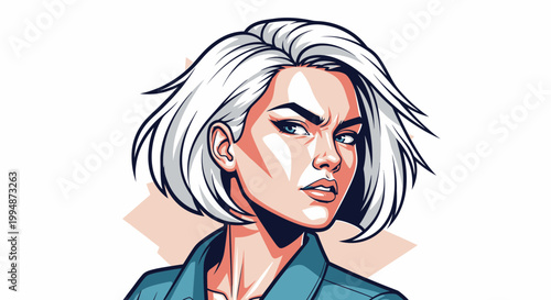 Intense Woman with White Hair, Determined Expression, Comic Style Portrait