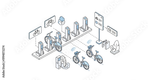 Isometric Smart Bike Sharing Station Illustration with Electric Bicycles and Digital Interface