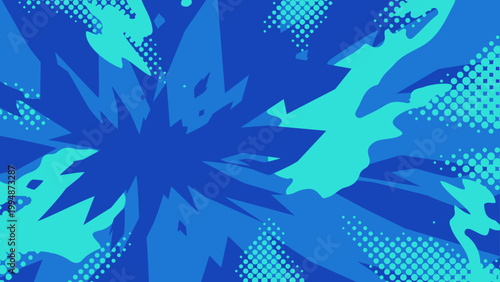 爆発とハーフトーンの背景イラスト_青_16:9