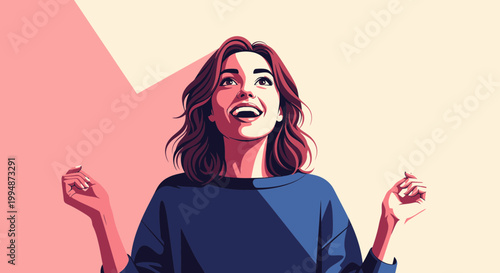 Joyful Woman Looking Up in Astonishment, Vibrant Colors, Stylized Illustration