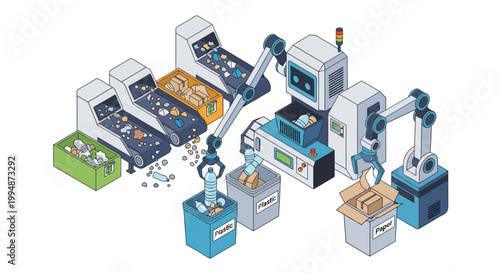 Automated Waste Sorting Facility Isometric Illustration with Robotic Arms and AI Technology for Recycling Plastic and Paper Bins
