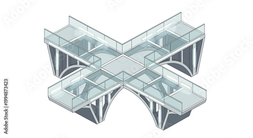 Futuristic Cross-Shaped Bridge Isometric Illustration, Modern Glass Walkway Intersection, 3D Architectural Tech Concept for Urban Infrastructure and Future City Planning