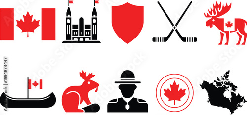 Canada day icon set with maple leaf flag moose beaver royal canadian mounted police and hockey sticks.