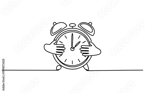 Outline illustration of an alarm clock holding its own face with wake up illustration background abstract character minimalist mechanical schedule deadline punctual efficient productivity