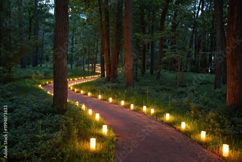 Walking Path With Glowing Lanterns in a Forest at Night