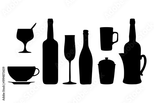Black silhouette vector illustration of dining and beverage icons including utensils, coffee mugs, beer glasses, wine bottles, cocktail drinks .vector icon