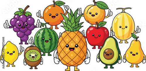 
Cute Kawaii Fruit Characters Giving Thumbs Up Together with Happy Smiling Faces Grapes Orange Pineapple Peach Apple Melon Lemon Kiwi Watermelon Avocado Pear Vector Set