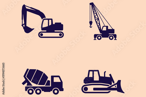 Construction machinery silhouette icon set excavator crane bulldozer flat vector icons