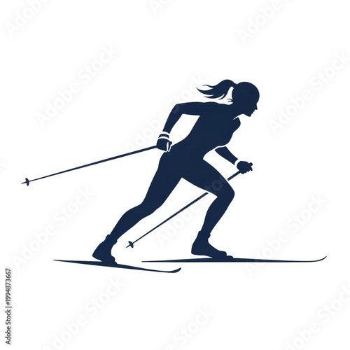 Dark navy blue silhouette of a female cross-country skier with a ponytail in a dynamic stride against a white background. Concept of winter sports energy