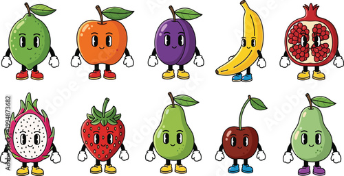 
Cute Retro Cartoon Fruit Characters with Expressive Faces and Legs Lime Orange Plum Banana Pomegranate Dragon Fruit Strawberry Pear Cherry Guava Vector Set