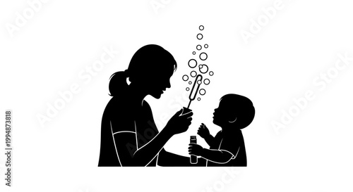 Family silhouette bubbles blowing playtime illustration