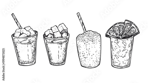 A black and white illustration of four drinks, including iced cubes, a smoothie, and drinks with straws