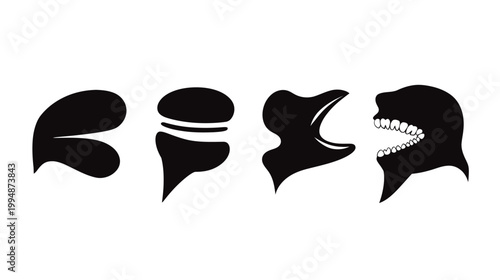 A sequence of black abstract shapes on a white background, morphing into a grinning face