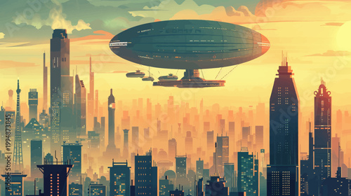 Airship over a futuristic cityscape at sunset illustration transport concept