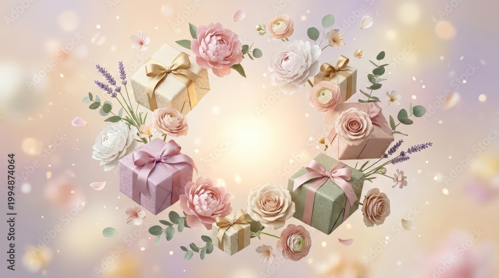 Obraz premium Refined composition of flowers and gift boxes floating gently