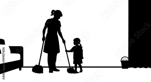 Family cleaning silhouette mother child home concept