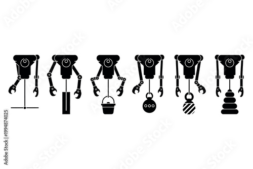 Six black silhouette robots with varied tool attachments