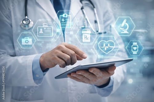 Doctor using tablet with glowing medical digital healthcare concept technology medicine