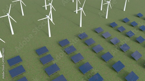 3D Render of Renewable Energy Farm with Solar Panels and Wind Turbines