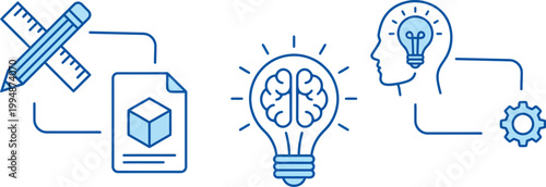An illustration depicting the design thinking process with a pencil, ruler, document, lightbulb brain, and smartphone gear icon