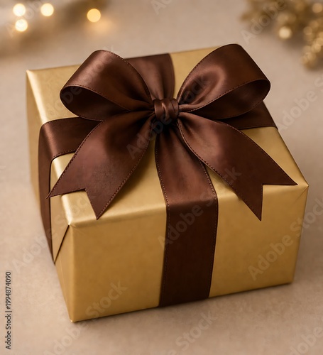 Gold gift box with rich brown satin ribbon and bow, soft bokeh lights present