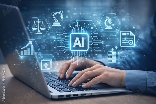 Person typing on laptop with ai and technology in blue digital interface artificial intelligence