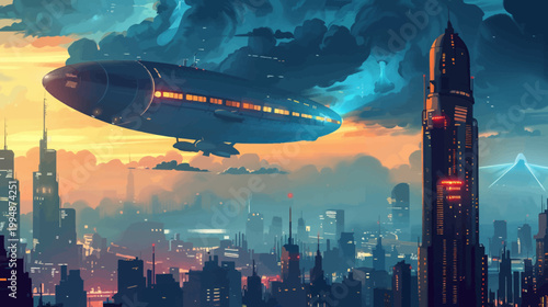 Futuristic cityscape with airship digital art of urban development