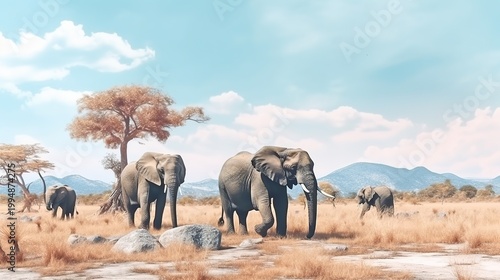 A herd of African elephants gathers by a shallow waterhole on a sunlit savannah under a bright blue sky