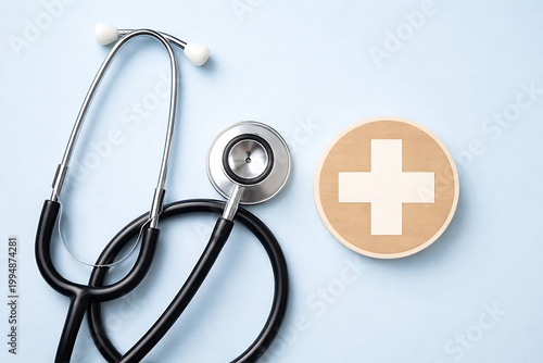 Stethoscope and medical cross symbol on light blue background, health healthcare
