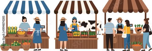 Colorful Outdoor Farmers Market Scene with Multiple Stalls Vendors and Customers Selling Flowers Vegetables and Dairy with Cow Striped Awning Vector Illustration