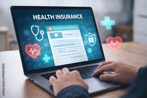 Person using laptop with health insurance application and medical computer technology online