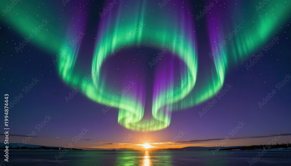 Fototapeta premium the northern lights, with vibrant green and purple colors illuminating the night sky. The aurora reflects beautifully over the calm water, creating a serene atmosphere.