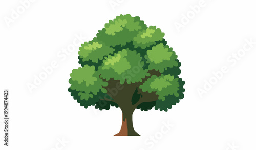 Big green tree flat vector illustration with dense canopy and trunk isolated on white background