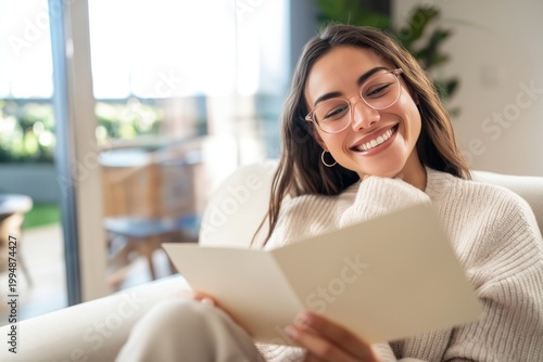 Woman Smiles While Receiving a Gift During a Holiday Gathering With Decoratio...