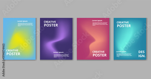 Four colorful creative poster templates arranged horizontally on a gray background with vibrant gradient designs and sample text