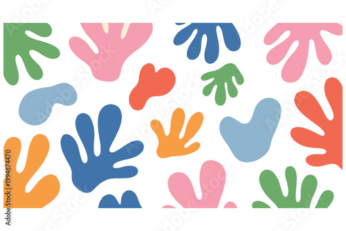 Colorful handprints and abstract shapes on a white background