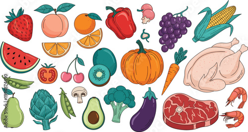 Colorful Hand Drawn Food Collection with Fresh Fruits Vegetables and Meat Strawberry Orange Grapes Pumpkin Broccoli Eggplant Chicken Steak Shrimp Vector Illustration Set
