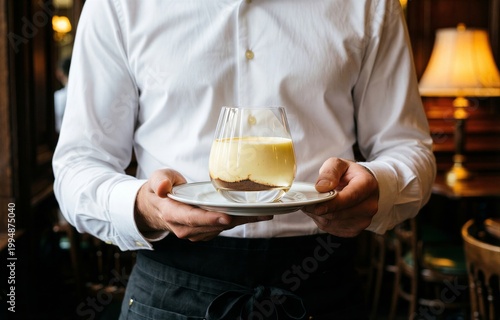Waiter holding cup of zabaglione, whipped egg custard with sweet wine, in dimly lit restaurant. Concept of hospitality and cozy dining experience.