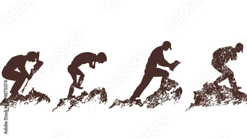 A four-part illustration of climbing figures on brown textured mountains against a blank white backdrop