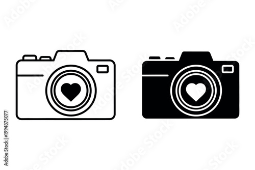 Two camera icons with heart lens black and white illustration