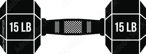 Black vector illustration of a fifteen pound dumbbell weight for fitness and exercise workouts