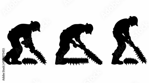 Silhouettes of a figure in motion sawing a spiky object with a sharp, elongated blade