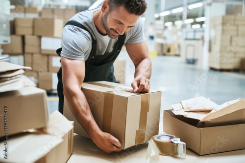 Worker Prepares Packages in a Warehouse During Daylight Hours