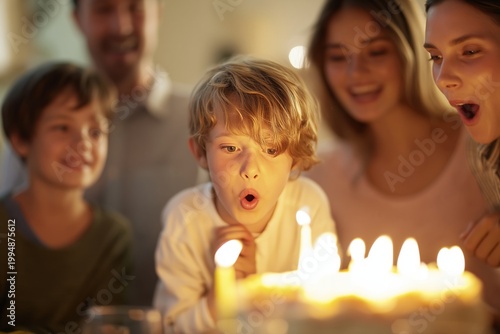 Family Gathers to Celebrate a Childs Birthday With Candles and Cake in the Ev...