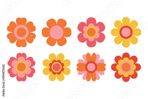 Eight colorful retro flowers in a grid arrangement