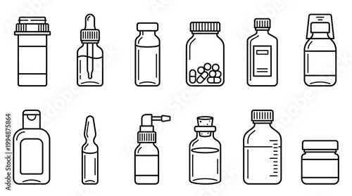 Outline icon set of medical bottles, pharmaceutical containers, and vials for healthcare and pharmacy design elements.