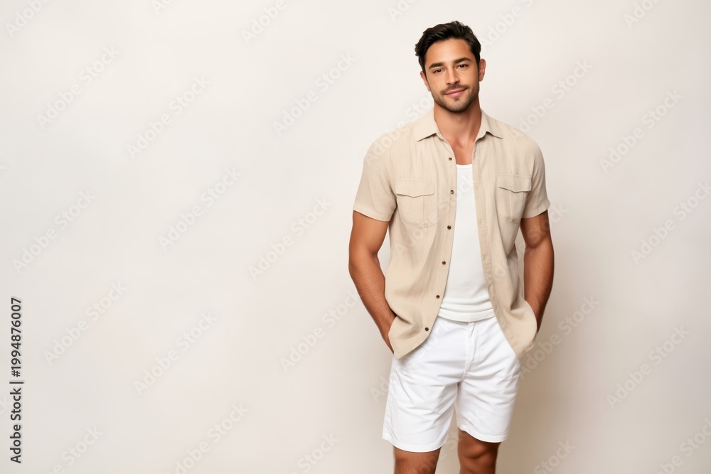 Fototapeta premium Young Man Stands With Hands in Pockets, Wearing Light Shirt and Shorts Against Plain Background