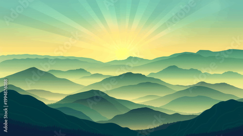 Stylized mountain range silhouette with radiant sunburst against a gradient sky