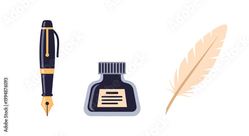 Elegant vintage writing set with pen ink pot and quill feather